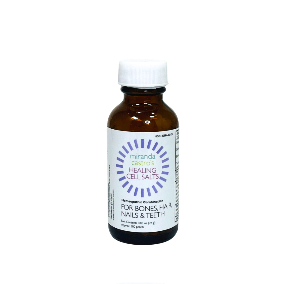 Brown glass bottle with white cap and label: Miranda Castro's Healing Cell Salts for bones, hair, nails and teeth, 0.85 oz (24 g).