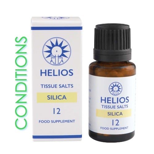 Helios Silica Cell—or TissueSalt showing the small brown glass bottle with its label next to the box.