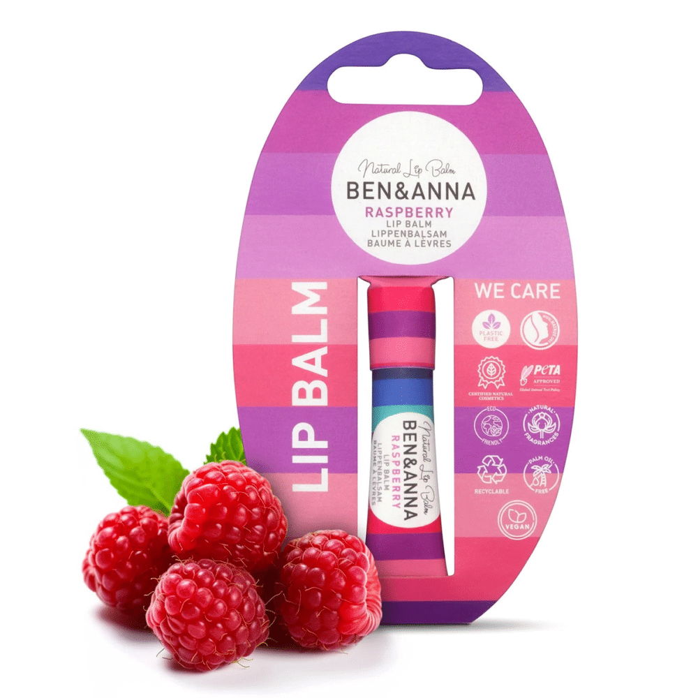 Ben & Anna Organic Lip Balm Raspberry Package and raspberries